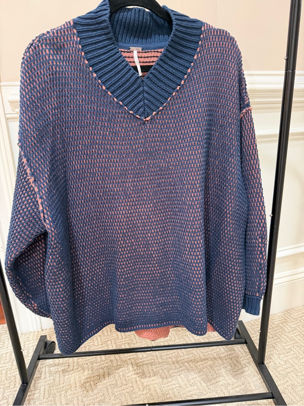 Free People Two-Tone V-Neck Knit Sweater in Blue and Pink